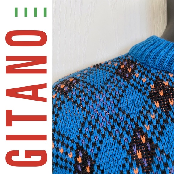 EUC vintage GITANO Sportswear 1990s cotton crewneck dad sweater, blue w/ pattern - Picture 4 of 14